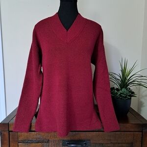 Hilary Radley Lurex Sweater Red Knit V-neck Top Women's Small